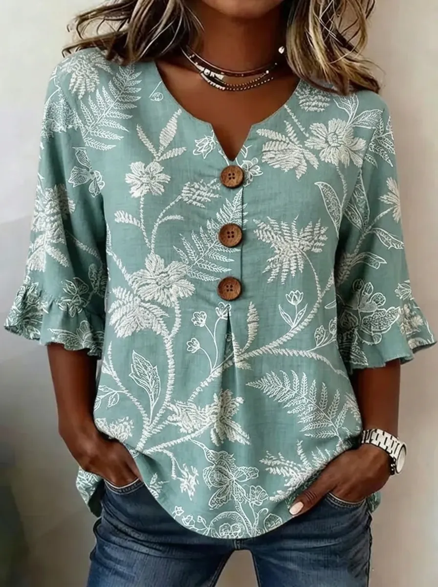 Women's Nashville Floral Fern Printed Button-Down V-Neck Top