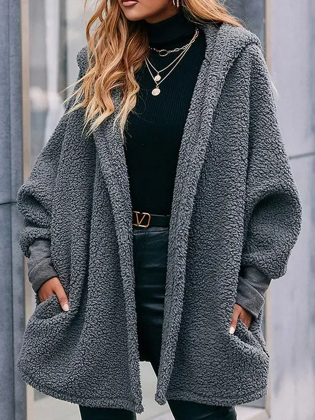 Women's Fleece Jacket Teddy Coat Hoodie Jacket Warm Breathable Street Daily Wear Vacation Going out Pocket Fleece Lined Buttoned Front Hoodie Casual Street Style Plain Regular Fit Outerwear Long