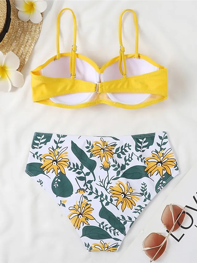 Women's Swimwear Bikini 2 Piece Normal Swimsuit 2 Piece Open Back Sexy Printing High Waisted Floral Leaves Black Yellow Navy Blue Royal Blue Blue Strap Bathing Suits Sexy Vacation Fashion