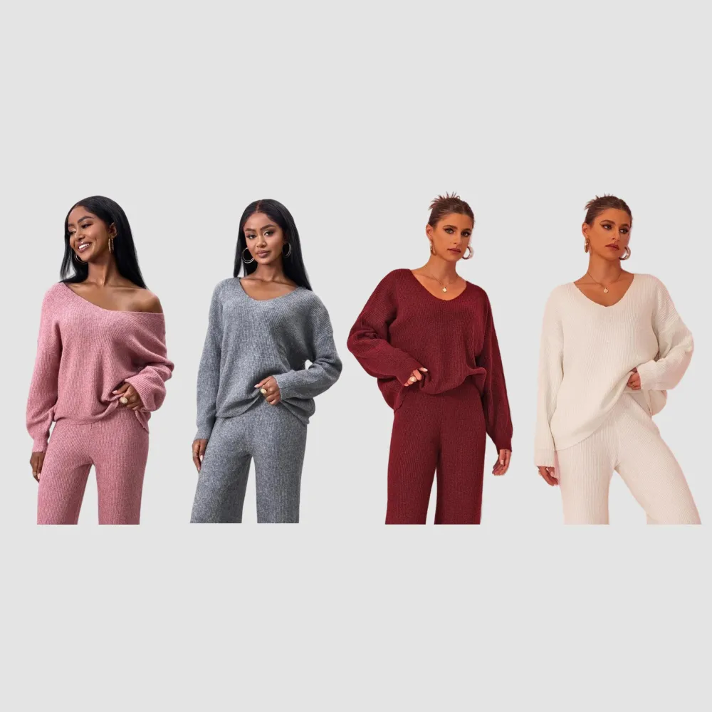 Two-piece Set Women's Solid Color Drop Shoulder Sweater & Pants