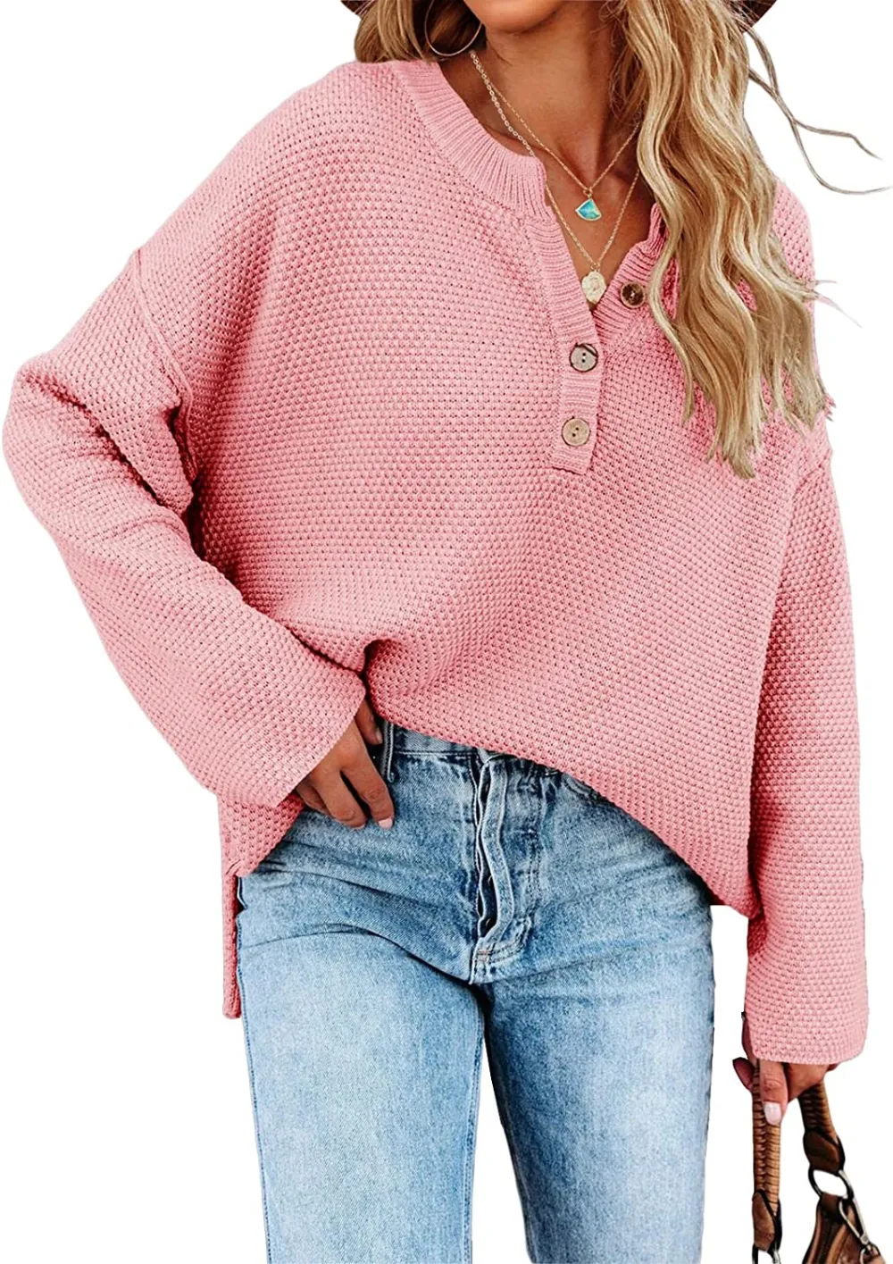 Women's Oversized Sweaters Batwing Long Sleeve Loose V Neck Button Henley Tops Pullover Knit Jumper