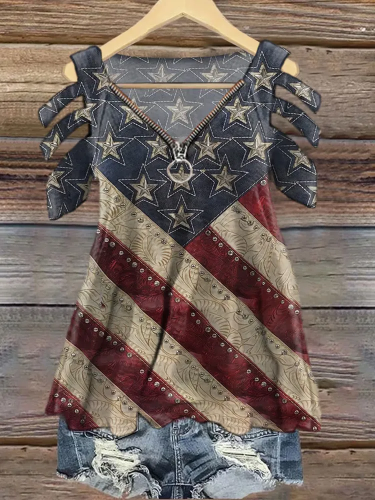 Women's Independence Day Flag Print V-neck T-shirt