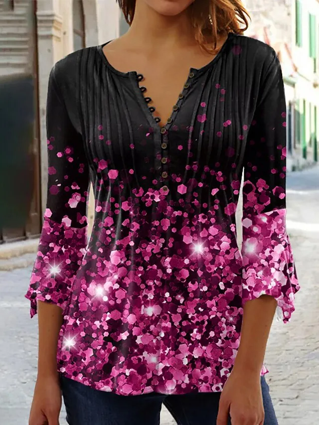 Women's Plus Size Shirt T shirt Tee Blouse Graphic Polka Dot Flower Denim Blue Grass Green Black Button Print Long Sleeve Casual Weekend Basic Round Neck Regular Fit Spring Fall