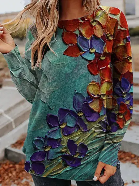 Crew Neck Floral Casual Sweatshirt