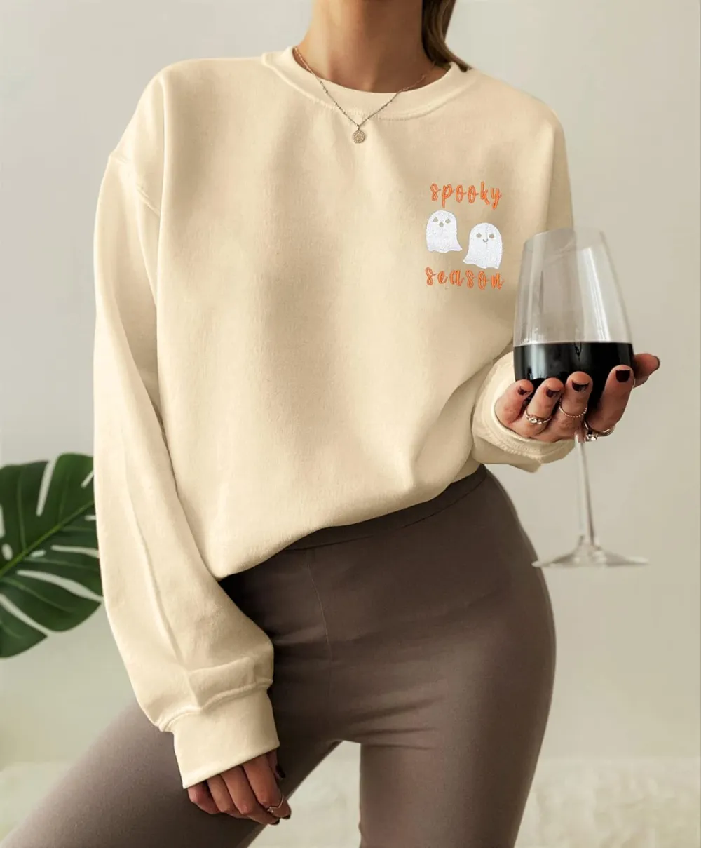LOTUCY Halloween Sweatshirt Women Cute Spooky Season Sweatshirts Ghost Fall Embroidered Sweater Pullover Top