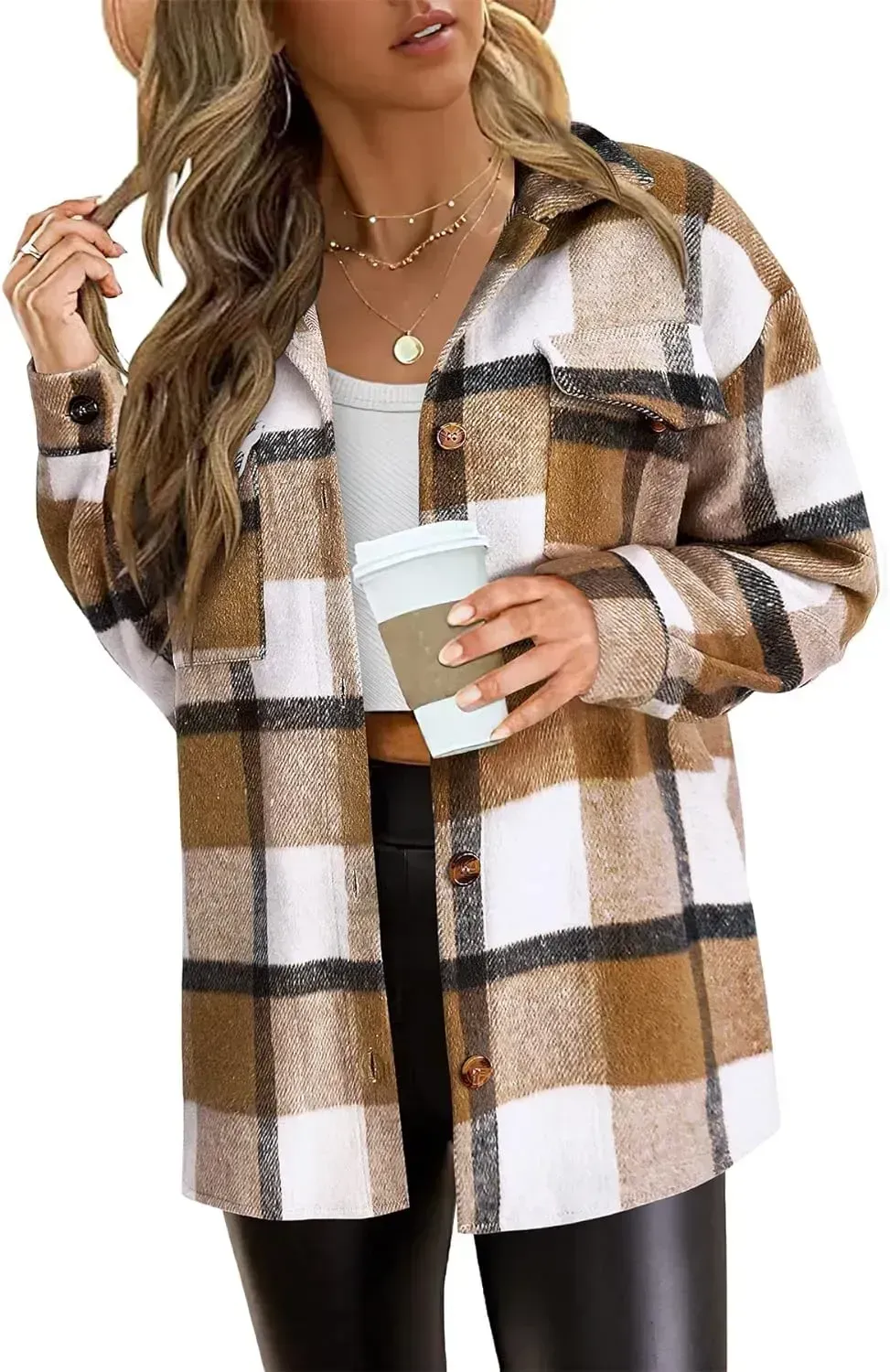 Women's 2023 Fall Clothes Plaid Shacket Jacket Long Sleeve Button Down Flannel Shirts Fashion Blouse