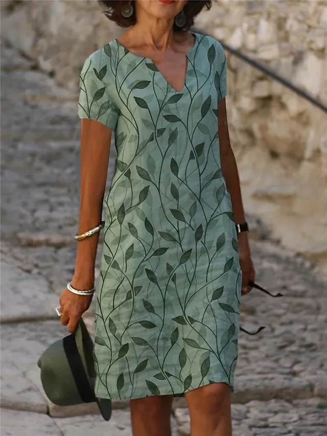 Women's Casual Dress Shift Dress Midi Dress Blue Green Short Sleeve Leaf Print Fall Spring Summer V Neck Basic Daily Vacation Summer Dress 2023 S M L XL XXL XXXL