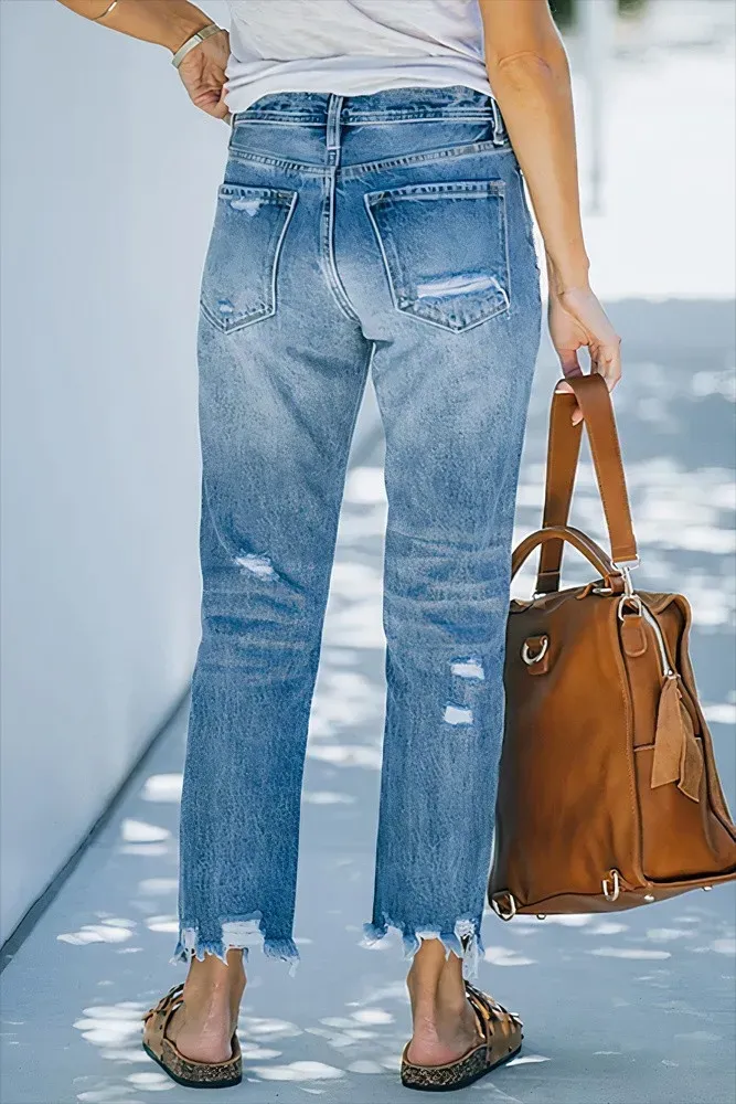 Ripped Raw Hem Zip Fly Mid Rise Straight Leg Jeans