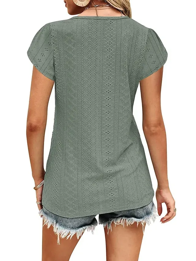 Women's T shirt Tee Light Blue Black White Plain Button Short Sleeve Casual Basic V Neck Regular S