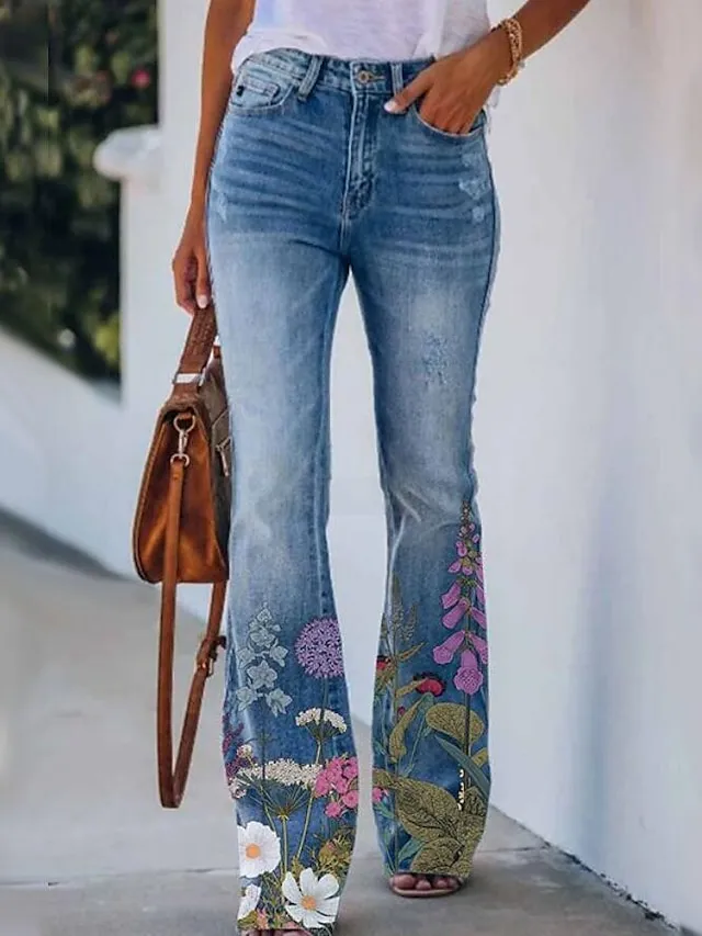 Women's Jeans Bootcut Flare Full Length Faux Denim Side Pockets Wide Leg High Elasticity Mid Waist Fashion Casual Weekend 31803 31806 S M