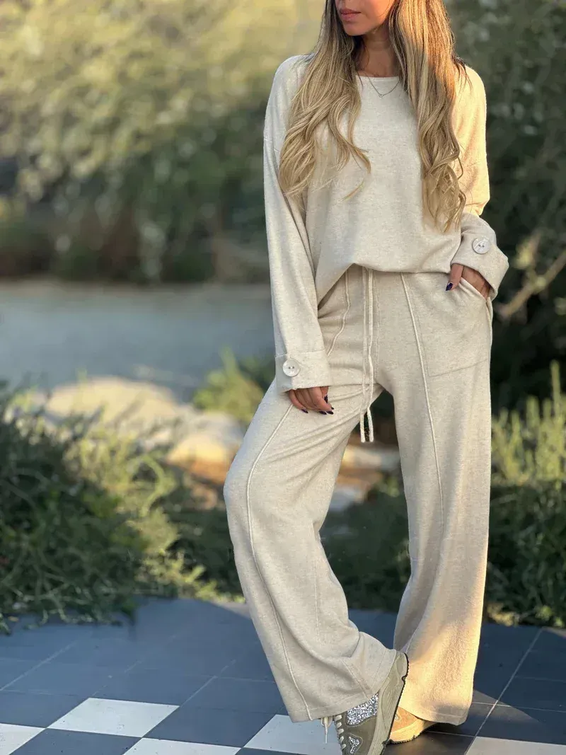 Womens 2 Piece Lounge Set Fall Long Sleeve Pullover Tops And Long Wide Leg Pants Tracksuit Sweater Lounge Sets
