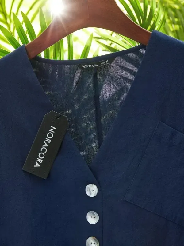 Solid Loosen Casual Cotton V Neck Top