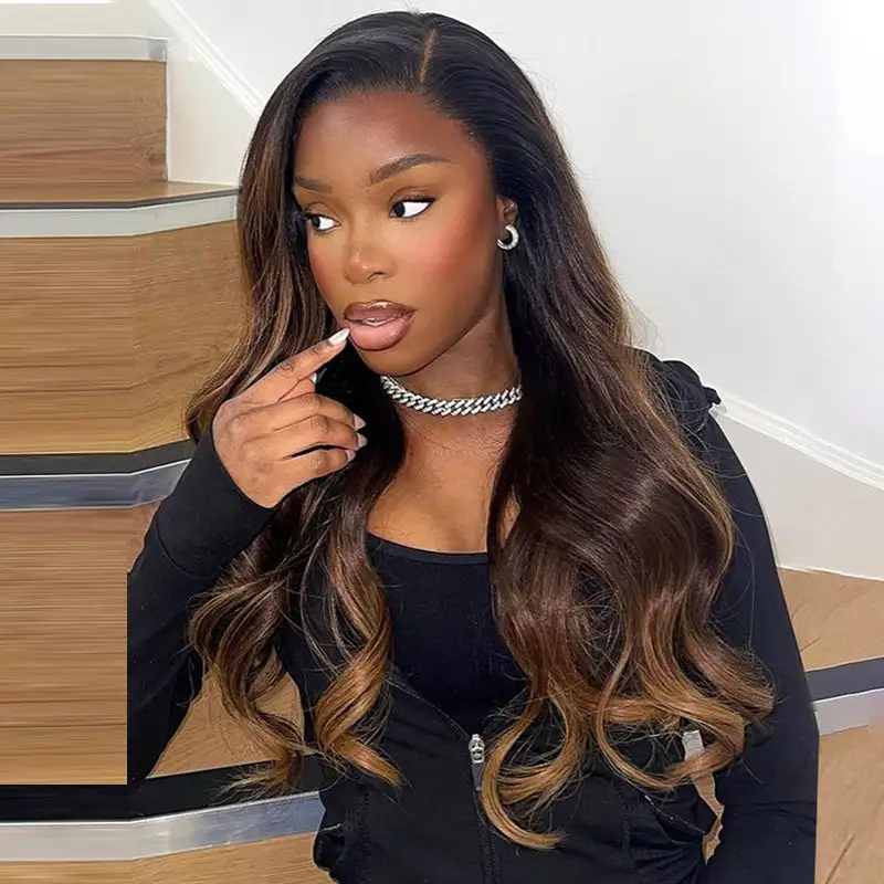 Wear & Go | Brown Loose Body Wave Pre-Bleached Glueless Wig Black Hair with Chestnut Brown Highlights Lace Wig Dome Cap Wigs