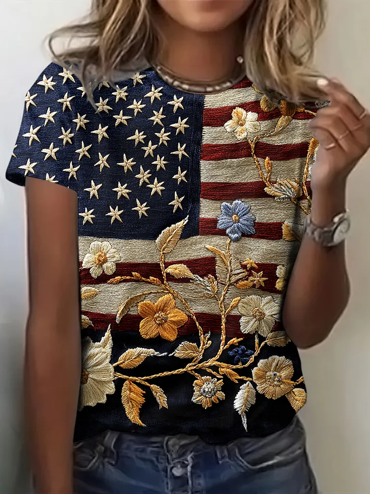 Women's Vintage Independence Day Flag Floral Embroidery T-shirt