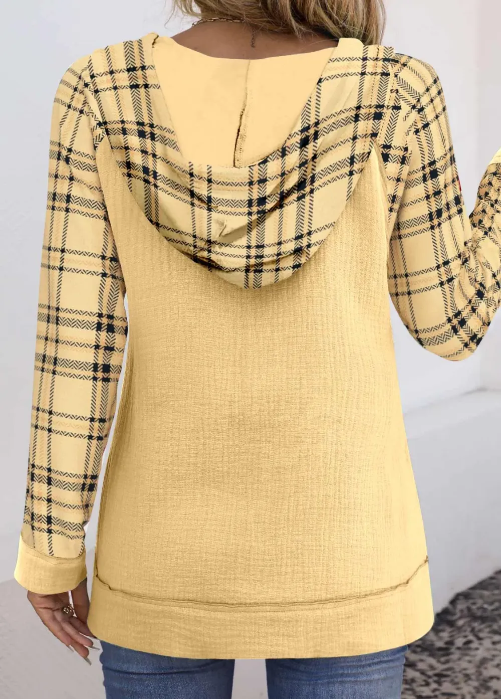 Light Yellow Patchwork Plaid Long Sleeve Hoodie