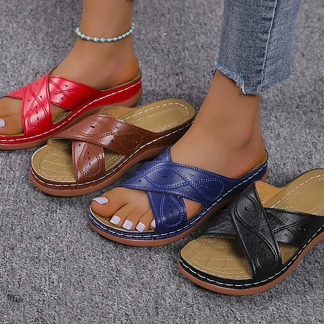 Women's Sandals Flat Sandals Orthopedic Sandals Bunion Sandals Outdoor Daily Beach Summer Flat Heel Round Toe Open Toe Classic Minimalism Walking Shoes Synthetics Loafer Solid Colored Black Red Brown