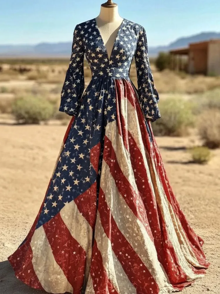 Women's Vintage Independence Day Flag Long Sleeve Maxi Dress