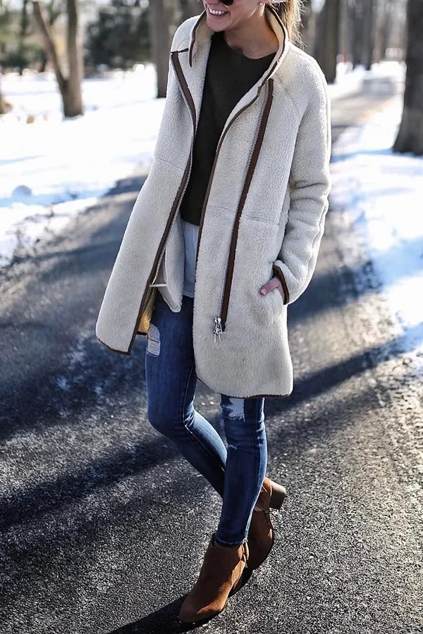 Modern Cozy Details Design Sweet High Neck Plush Coat