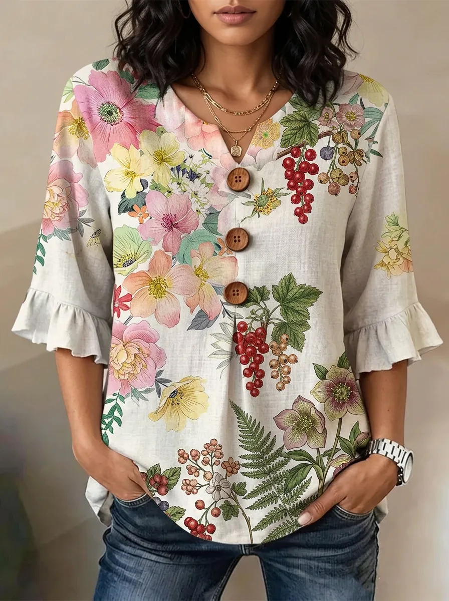 Women's Nashville Floral Berry Printed Button V-neck Top
