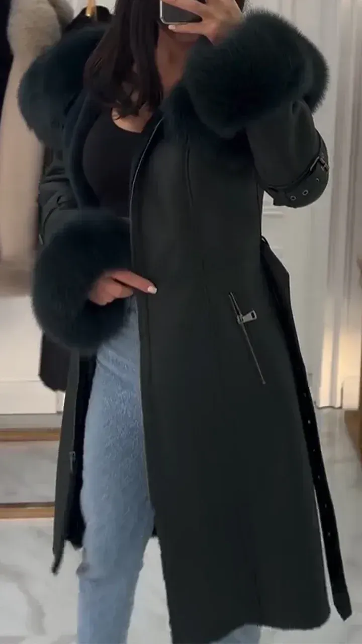 Women's Fur Lapel Long Leather Coat