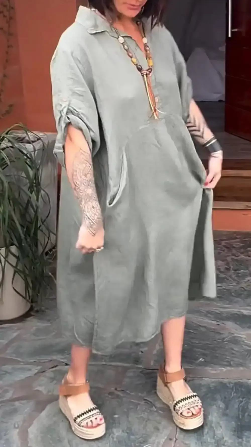 Women's Hooded Cotton and Linen Short-sleeved Casual Dress