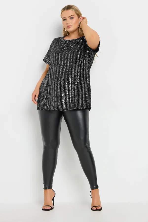 Yours Curve Black & Silver Velvet Sequin Top