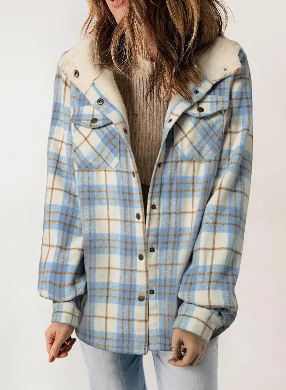 Womens Plaid Shacket Jacket Long Sleeve Button Down Fleece Hooded Jackets Warm Coat