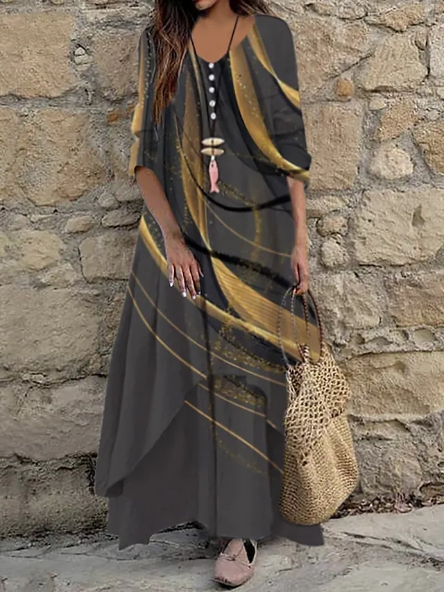 Women's Color Block Long Maxi Dress Button Layered Casual Dress Swing Dress Print Dress Fashion Modern Daily Vacation Weekend 3/4 Length Sleeve Crew Neck Dress Loose Fit Silver Black White