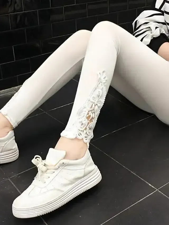 Women's Leggings Black White Grey Fashion Casual Daily Lace Ankle-Length Tummy Control Solid Colored L XL 2XL 3XL 4XL