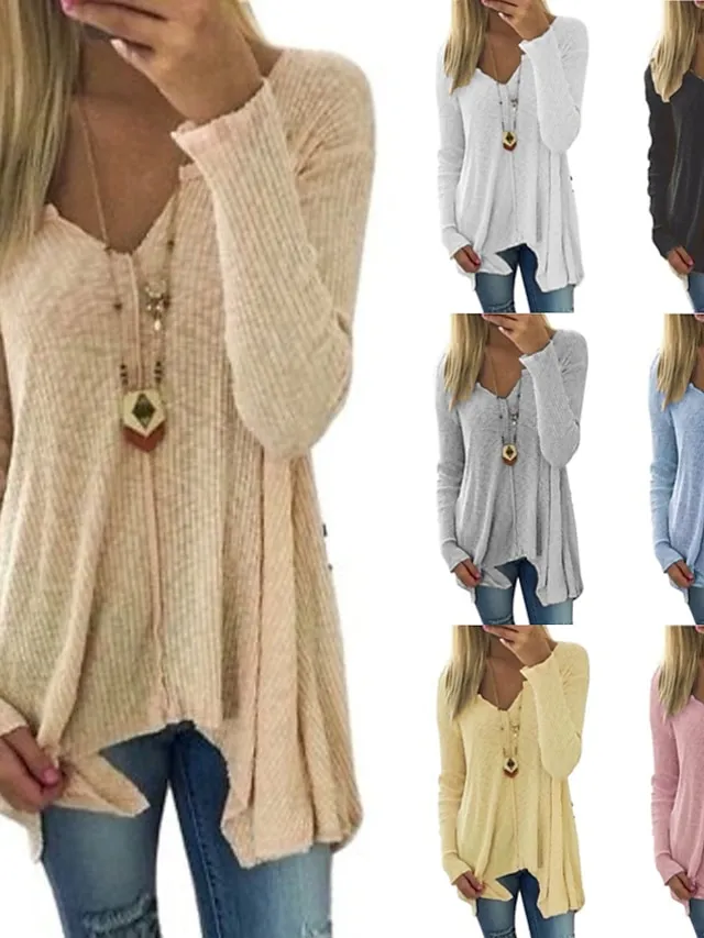 Women's Pullover Sweater Knitted Solid Color Basic Casual Long Sleeve Sweater Cardigans V Neck Fall Winter Spring Blue Blushing Pink Gray