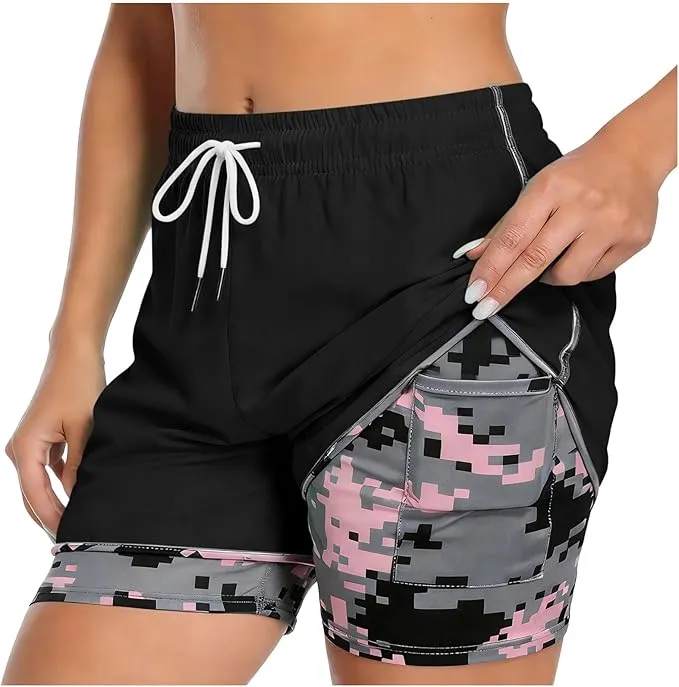 Workout Shorts Women Drawstring High Waist Running Short Pants Quick Dry Gym Athletic Board Clothes with Pockets