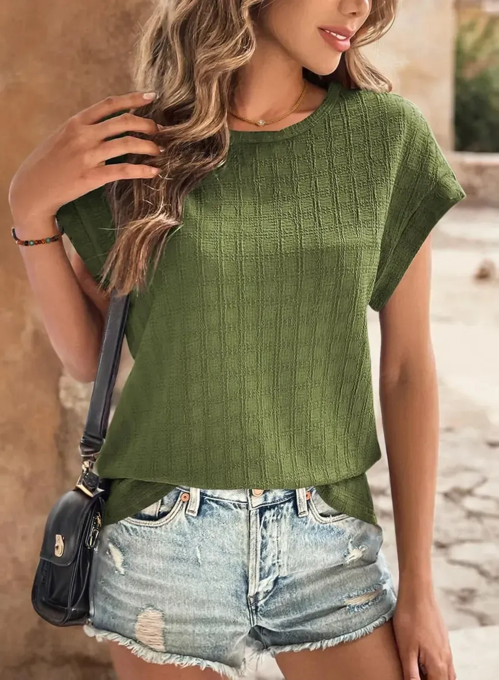 Dokotoo Tops for Women Trendy Summer Casual Cap Short Sleeve Basic Textured Solid Color Round Neck T Shirts Blouse