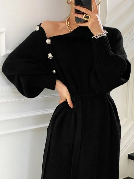 Women's Dresses High Neck Button Tie Long Sleeve Sweater Dress
