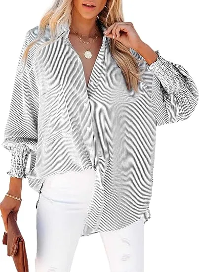 Womens Smocked Cuffed Striped Boyfriend Shirt Casual Collar Long Sleeve Oversized Button Down Blouse Tops with Pocket Shirred