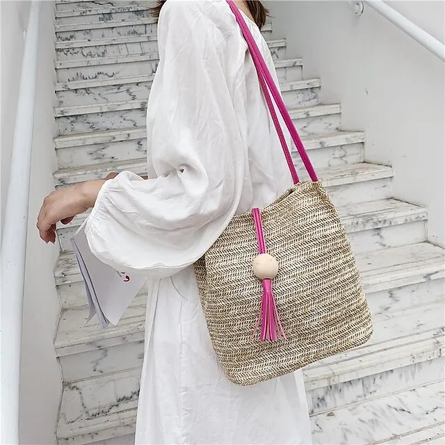 Women's Shoulder Bag Straw Bag Straw Shopping Daily Large Capacity Waterproof Breathable Solid Color Pink Fuchsia Brown