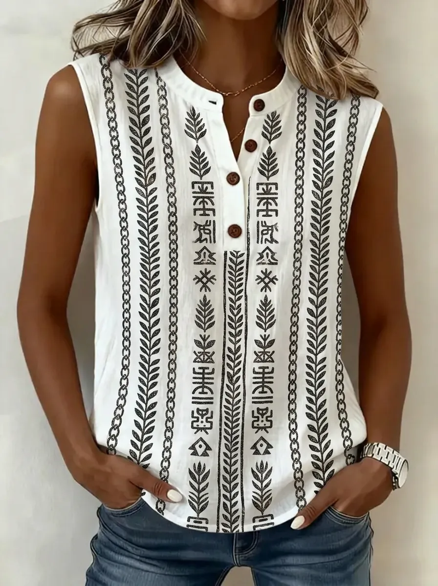 Women's Nashville Tribal Leaf Pattern Printed Sleeveless Button Tank Top
