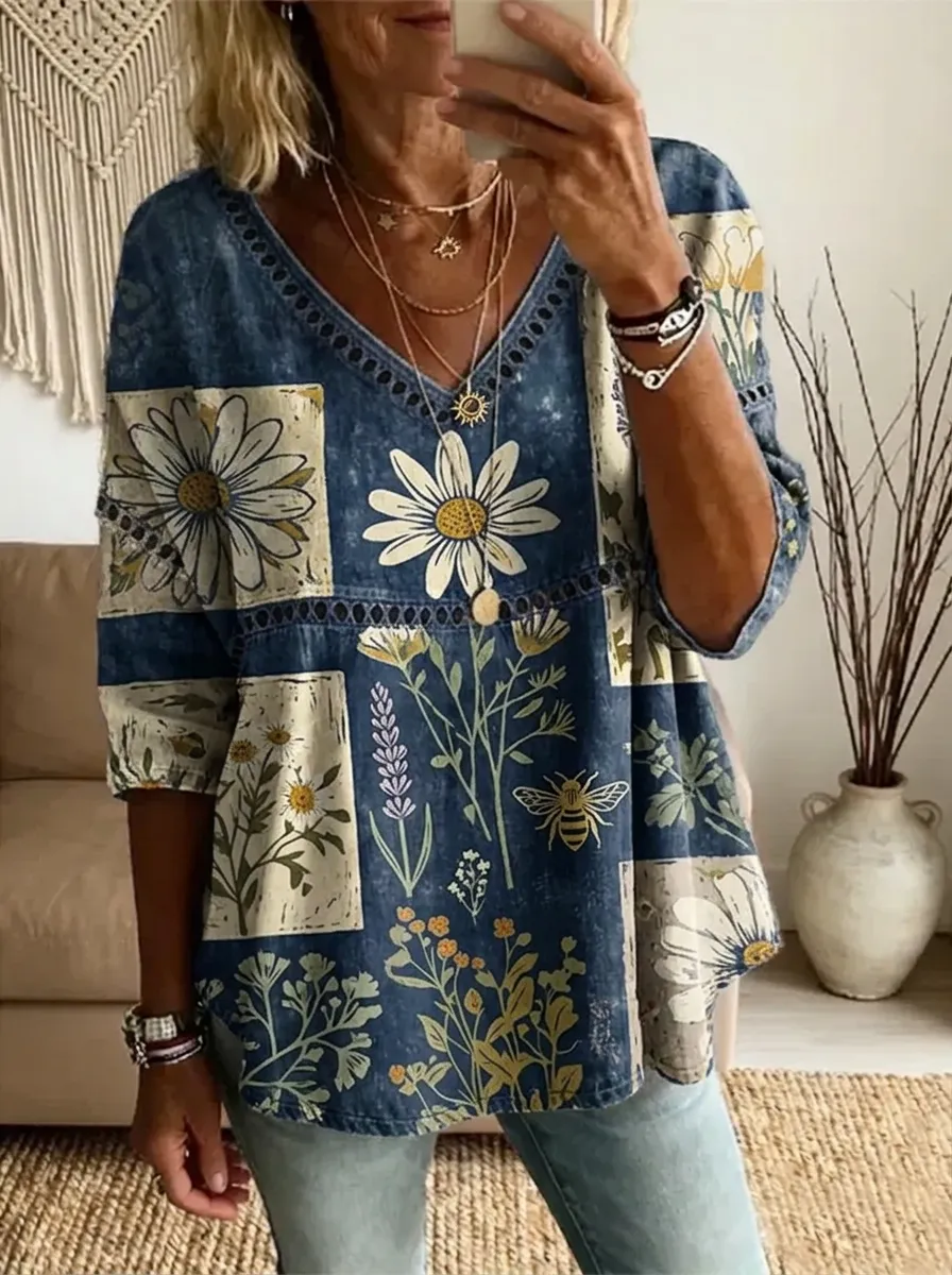Women's Nashville Floral Bee Patchwork Printed V-neck Top