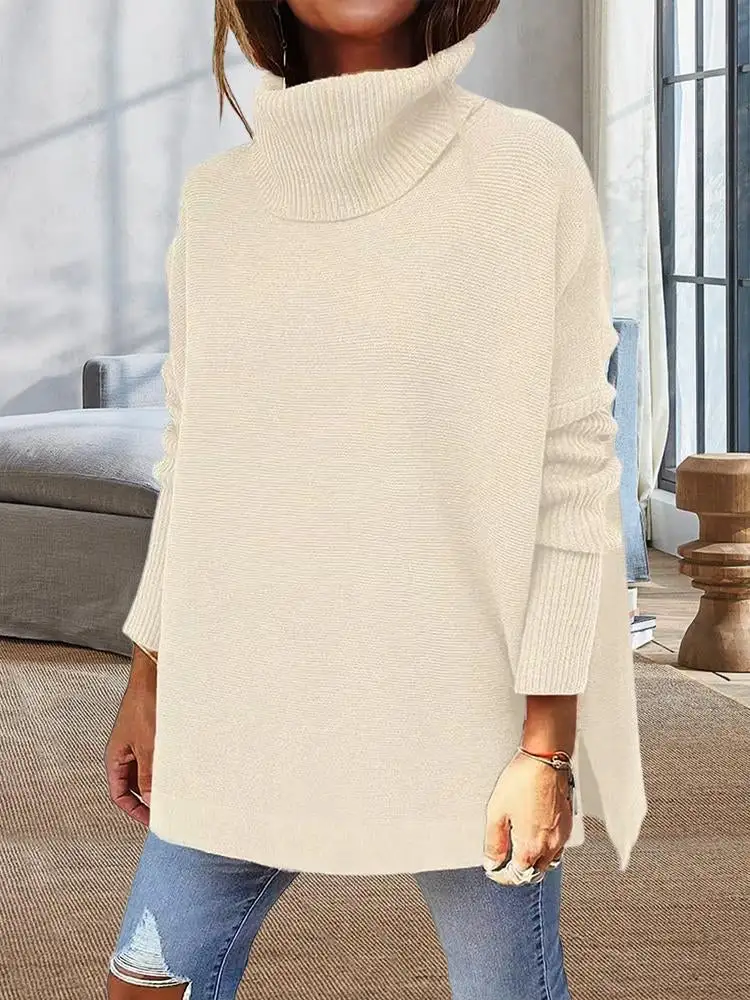 Midi Bat Sleeve Hem Tunic Sweater Knitted In A Turtleneck Sweater