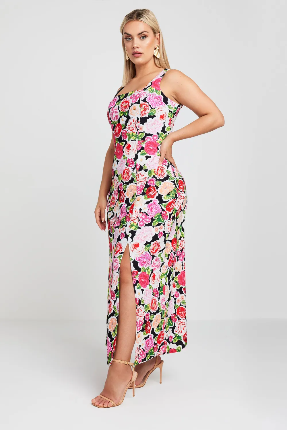 YOURS Curve Pink Floral Print Square Neck Maxi Dress