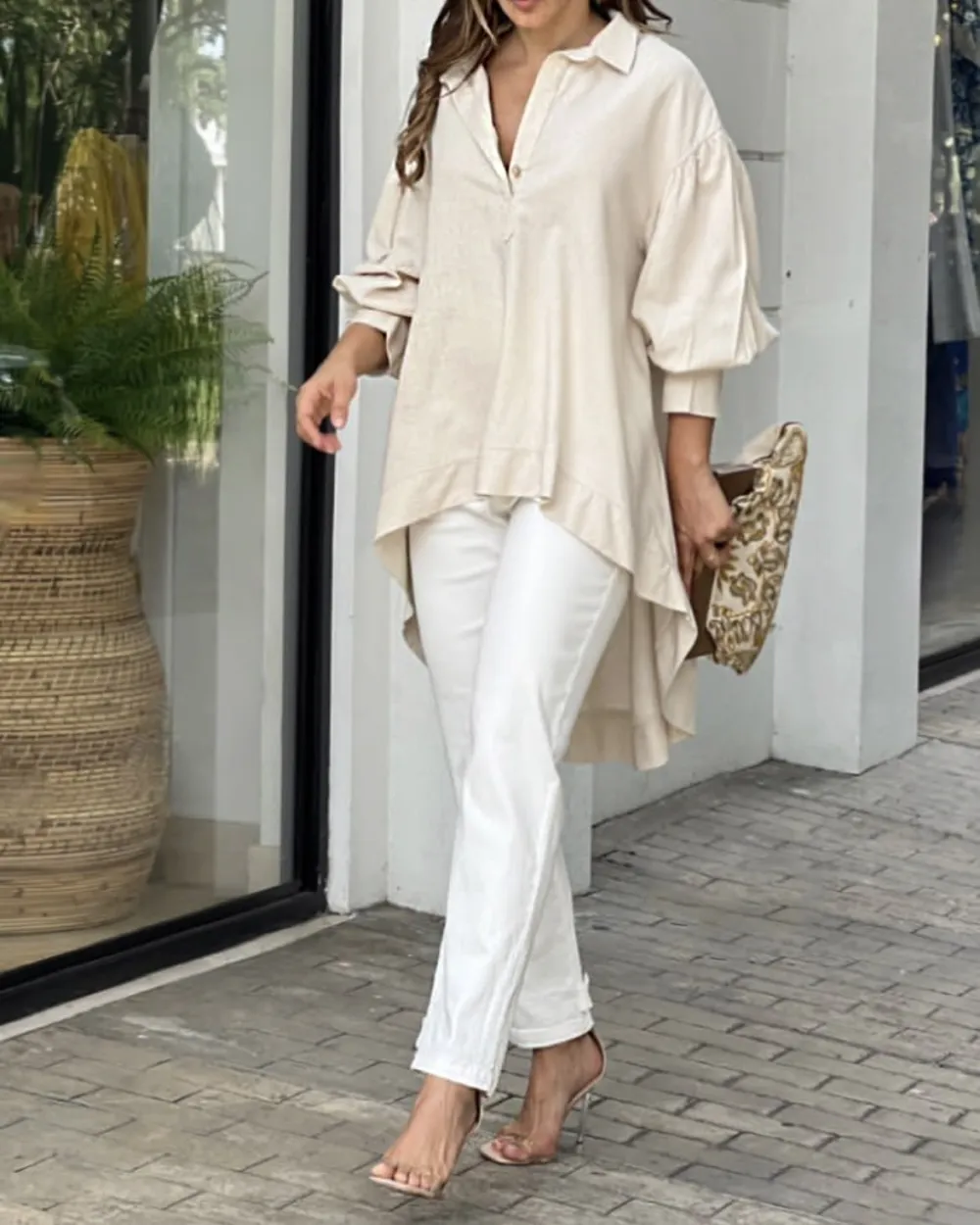 Lapel Loose Top Solid Color Pants Two Piece Set