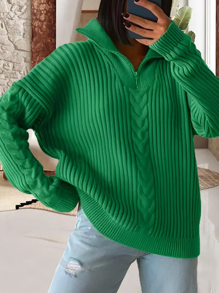 Sweater Twist Lapel Lazy Loose Casual Solid Color Knit Zip Sweater