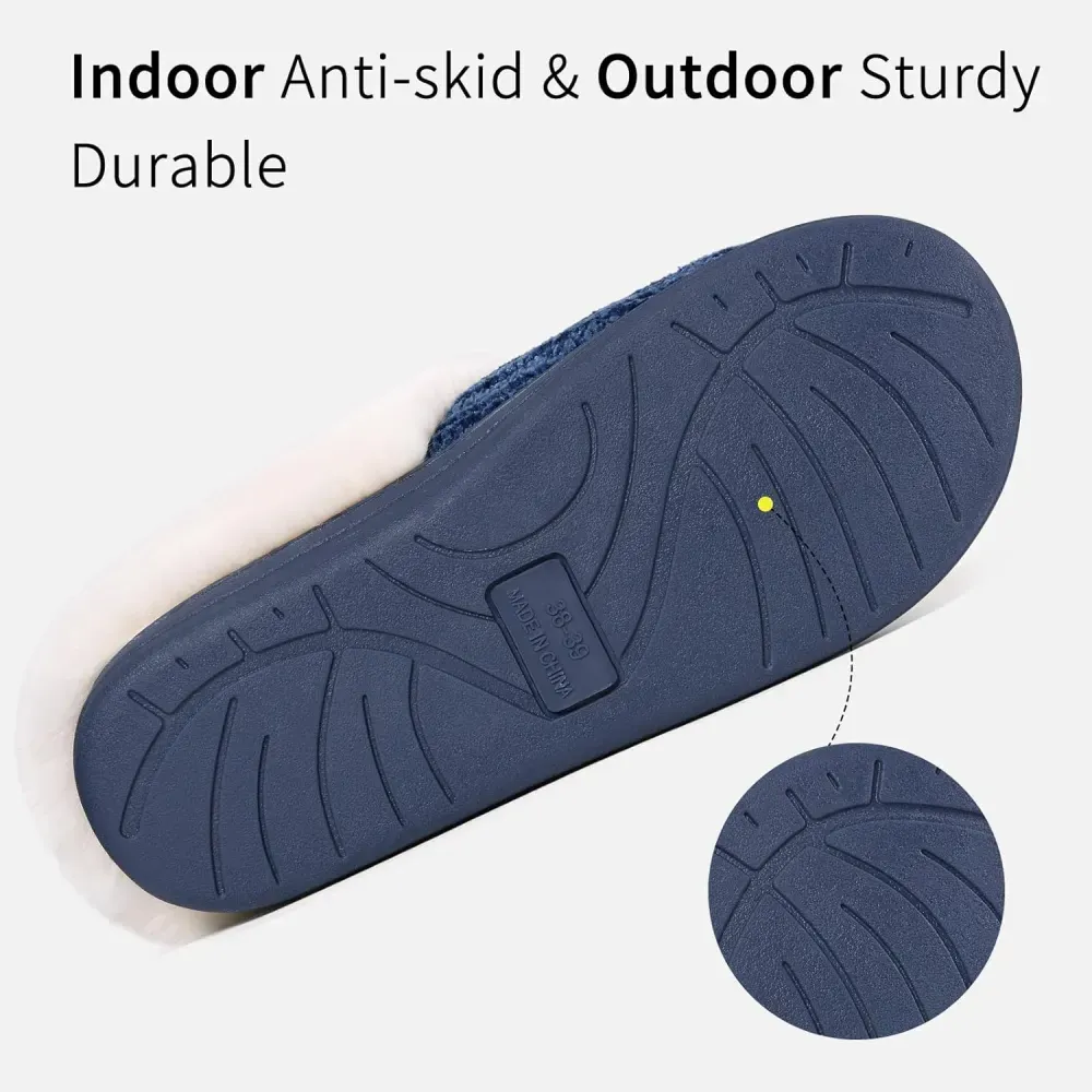 Warm Knit House Slippers for Women Comfy Wool-Like Lined Chenille Slippers with Memory Foam and Indoor Outdoor Soles