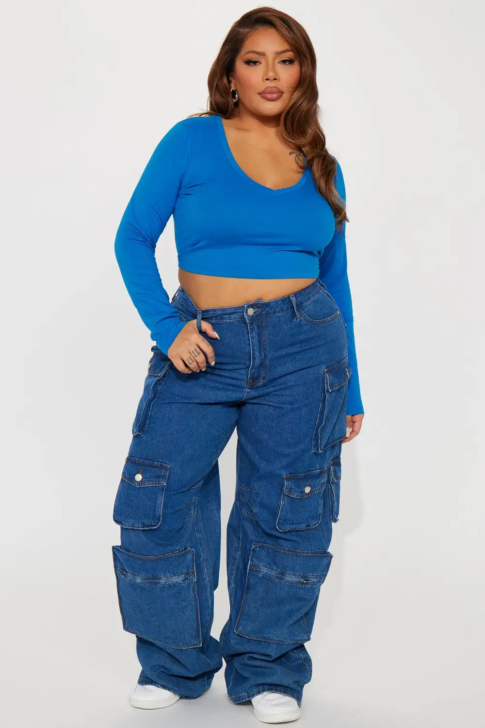 Carly V Neck Crop Long Sleeve Tee - Cobalt