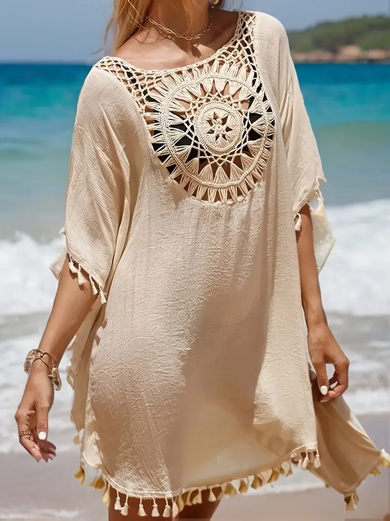 Tassel Decor Cover Up Dress, Round Neck Loose Fit Crochet Decor Beach Kaftan, Women's Swimwear & Clothing for carnival & Music Festival For Holiday