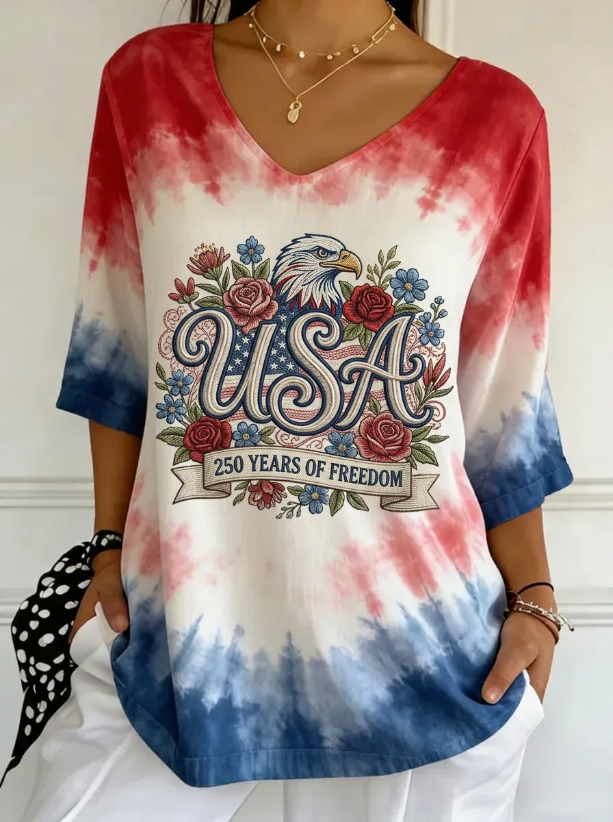 Women's USA Patriotic Eagle Floral 250 Years Printed T-shirt