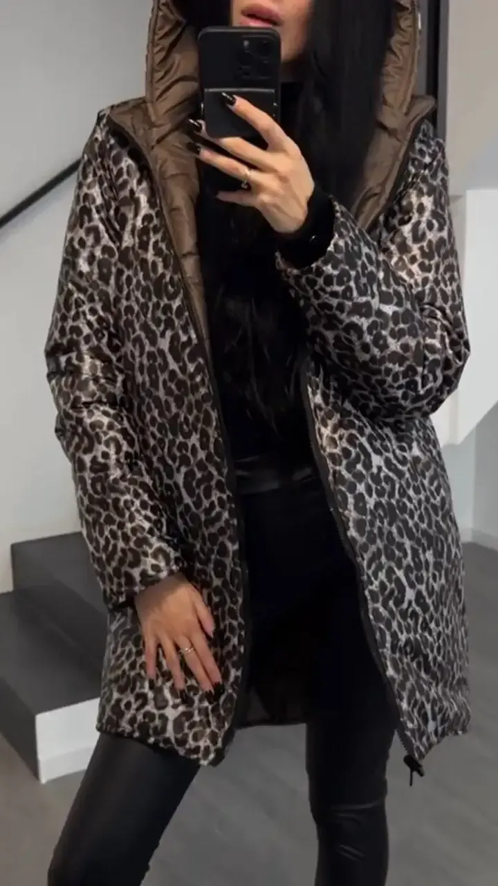 Women's Hooded Leopard  + Solid Color Double-Sided Cotton Coat