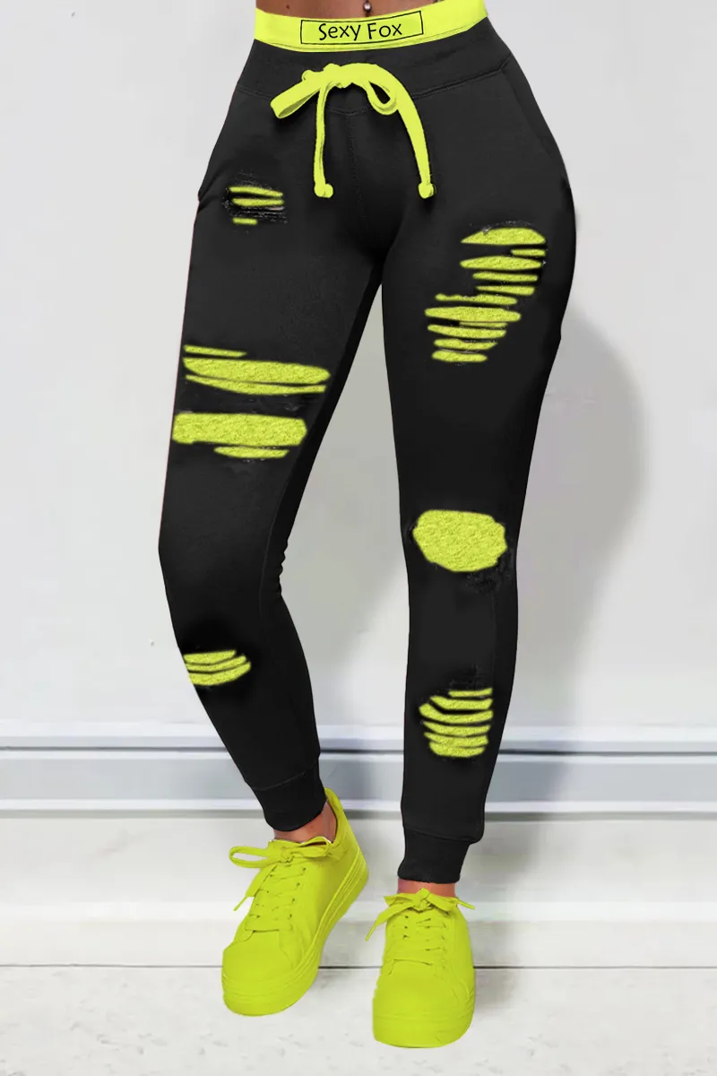 Letter Print Drawstring Ripped Pants