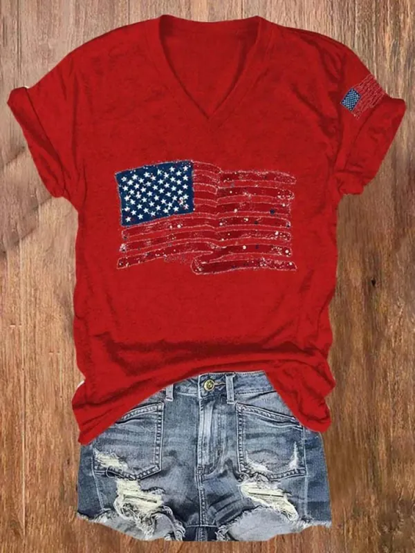 Women'S National Flag Pattern Print Short-Sleeved T-Shirt