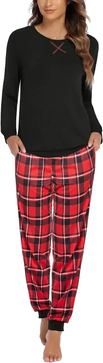 Women's Pajamas Sets Long Sleeve with Plaid Pants Soft Sleepwear O Neck 2 Piece Pjs Joggers Loung Set with Pockets