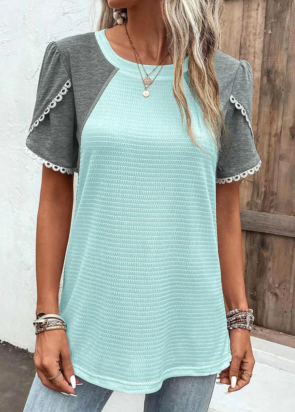 Light Blue Patchwork Short Sleeve T Shirt